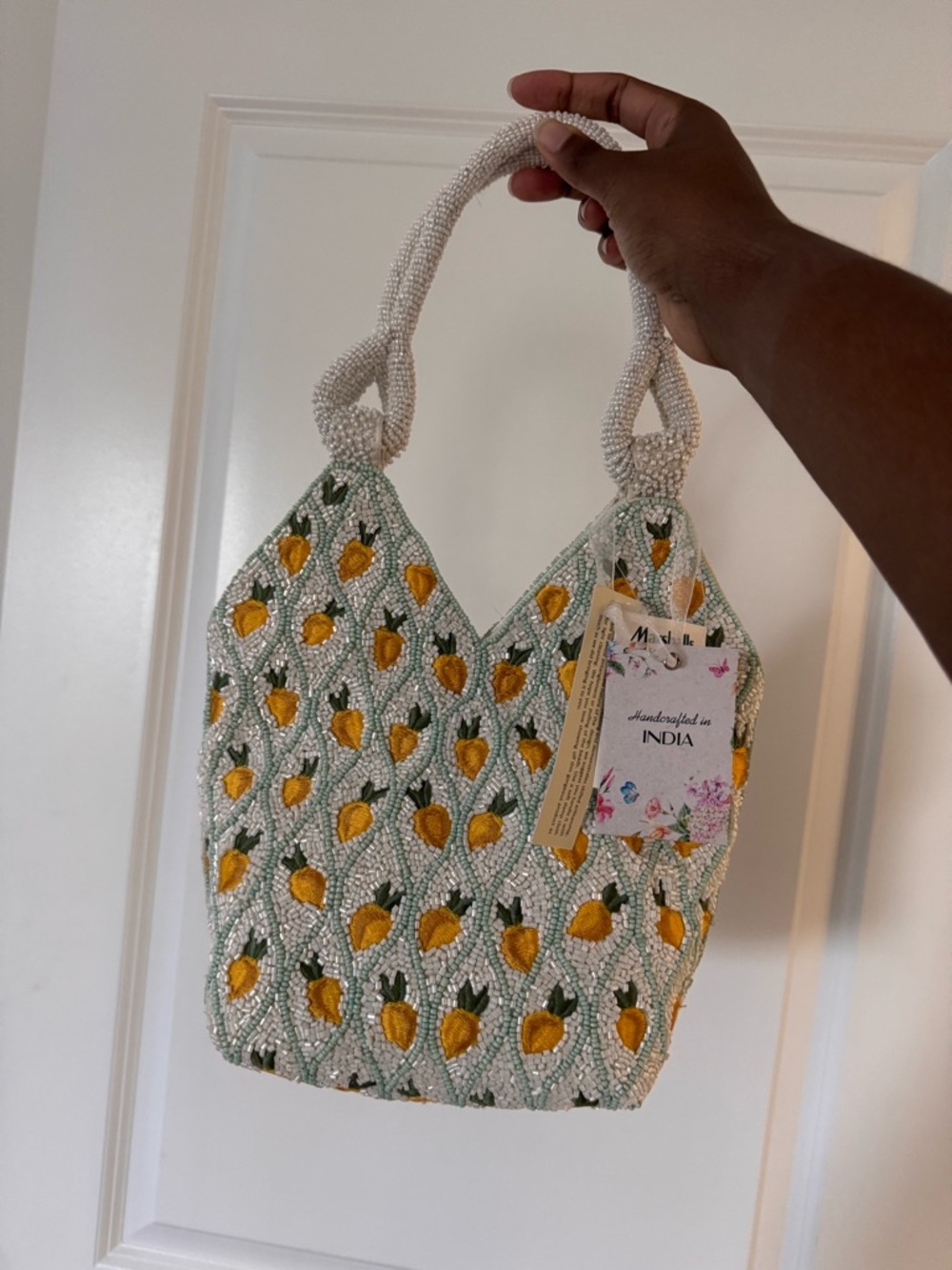Handcrafted Yellow Pineapple Beaded Tote Bag - Picture 2 of 4